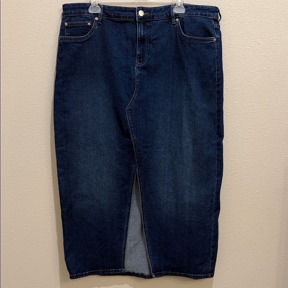Baccini denim maxi skirt, front split, size 16